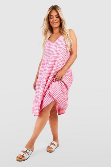 Plus Textured Gingham Tiered Smock Dress pink