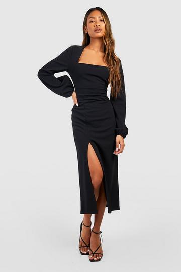 Crepe Square Neck Volume Sleeve Midaxi Dress black