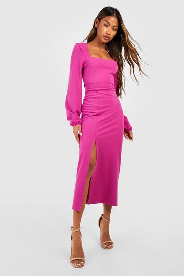 Magenta Pink Crepe Square Neck Volume Sleeve Midaxi Dress