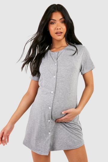 Grey Maternity Peached Jersey Knit Button Down Nightgown