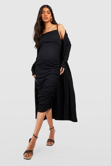 Black Maternity Textured Strappy Dress And Duster Coat