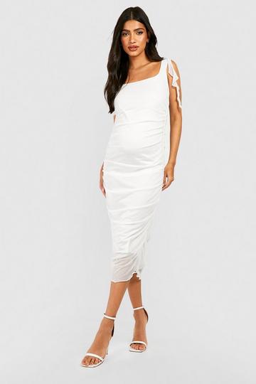 White Maternity Ruffle Ruched Mesh Midi Dress