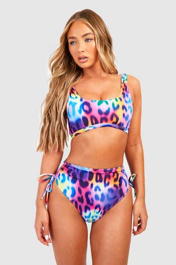 Leopard Longline Scoop Bikini Top purple
