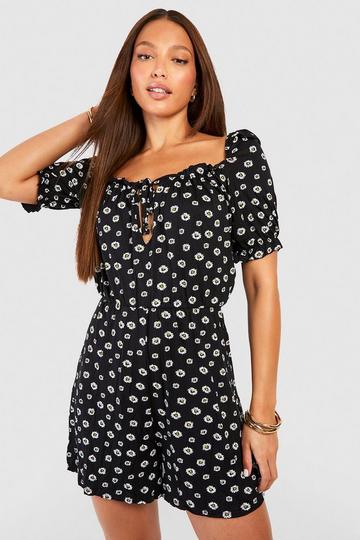 Tall Daisy Print Ruched Bust Playsuit black