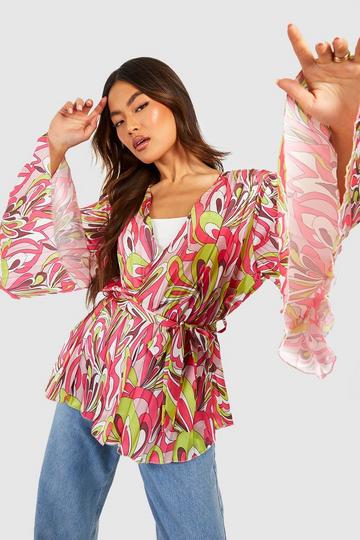 Abstract Print Flare Sleeve Plisse Belted Kimono pink