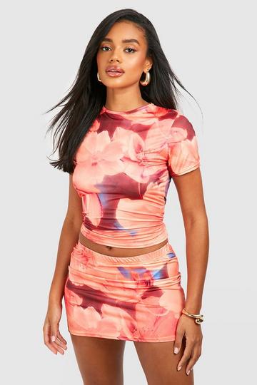 Blurred Floral T-shirt & Mid Rise Mini Skirt coral