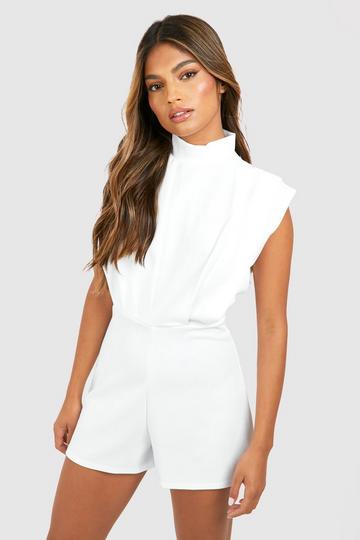 Ivory White Tailored Pleat Detail Romper