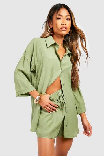 Sage Green Textured Crinkle Oversized Shirt & Shorts Set