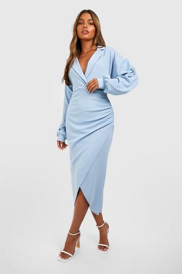 Crepe Volume Sleeve Wrap Front Midaxi Shirt Dress powder blue