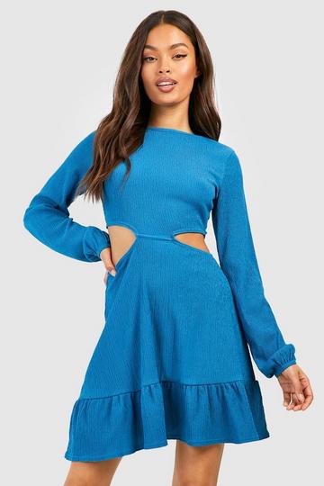 Turquoise Blue Textured Cut Out Smock Dress