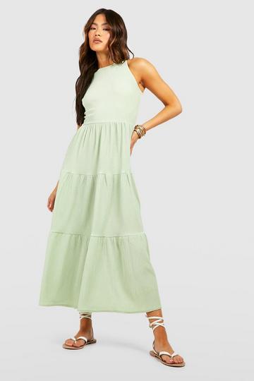 Sage Green Textured Tiered Cut Out Smock Dress