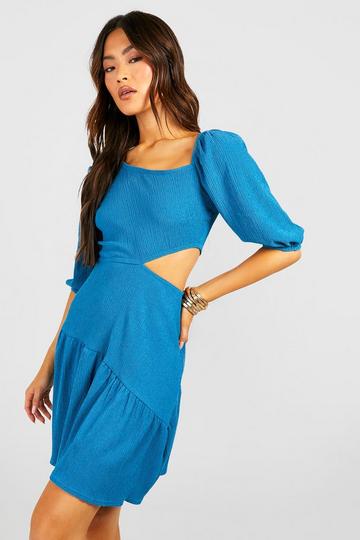 Turquoise Blue Textured Tiered Cut Out Smock Dress