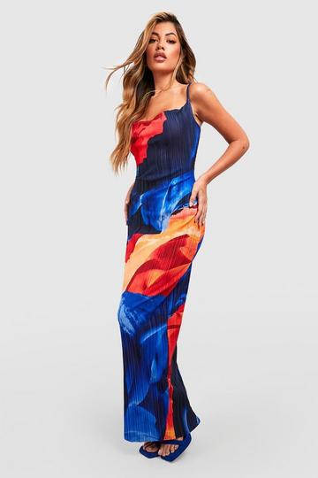 Cowl Neck Abstract Plisse Maxi Dress blue