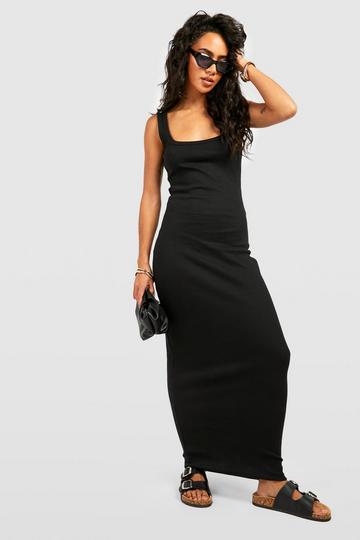 Black Premium Scoop Neck Rib Thick Binding Maxi Dress