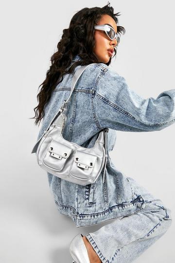 Double Pocket Stud Detail Shoulder Bag silver