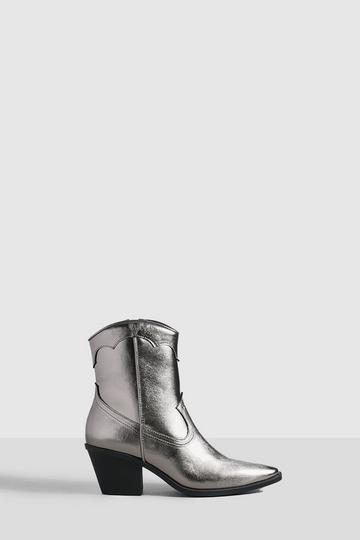 Metallic Cowboy Western Ankle Boots pewter