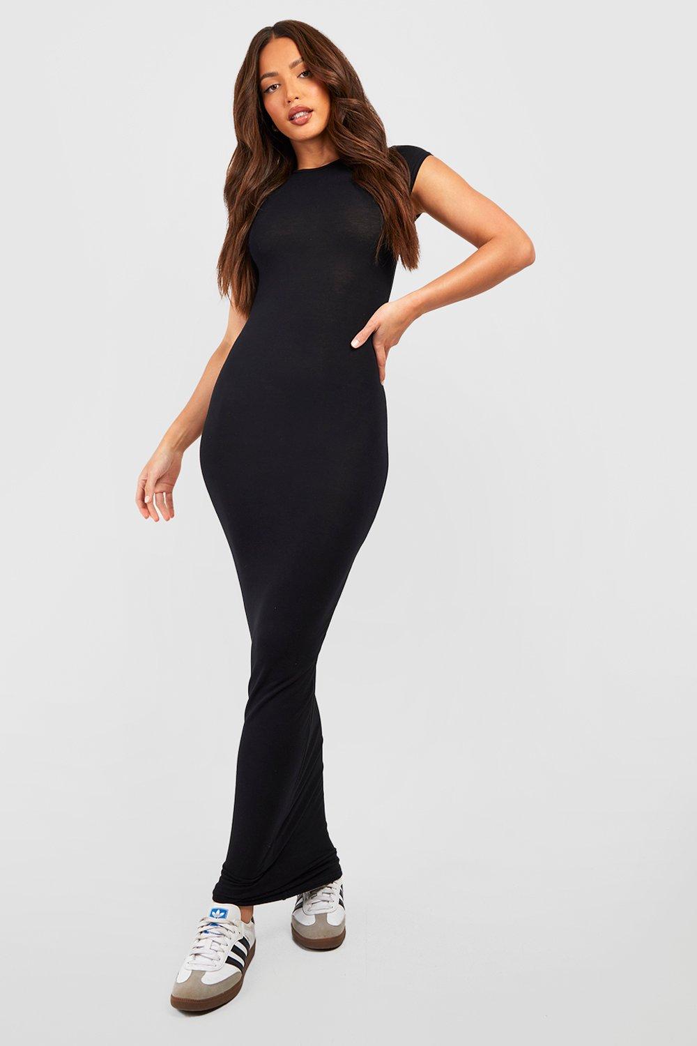 Cap sleeve long hot sale black dress