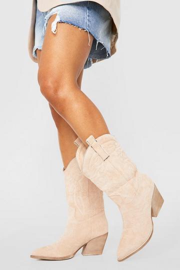 Tab Detail Embroidered Western Cowboy Boots beige