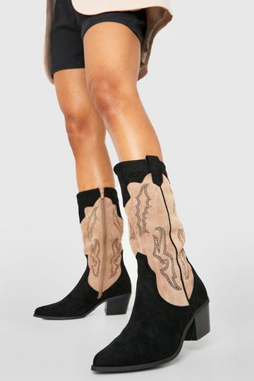 Black Contrast Panel Detail Western Cowboy Boots