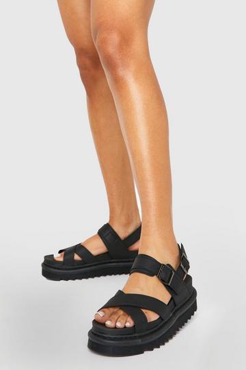 Black Chunky Platform Cross Strap Flatform Sandals