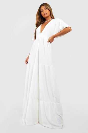 Ivory White Textured Plunge Maxi Dress
