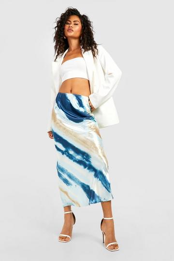 Satin Marble Print Midaxi Skirt blue