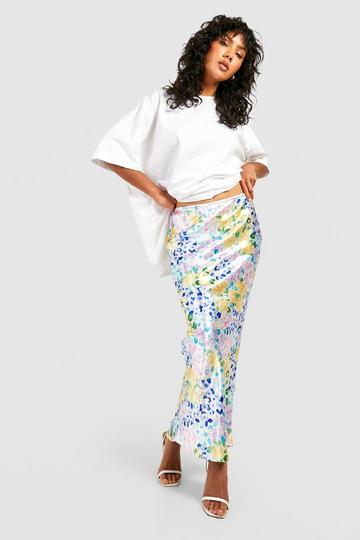 Blurred Floral Printed Mesh Bandeau & Split Midi Skirt