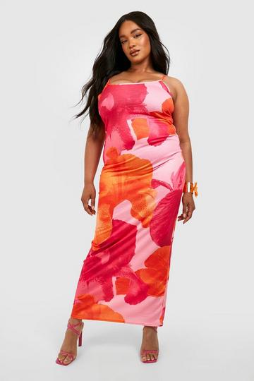 Plus Abstract Floral Scoop Neck Maxi Dress pink