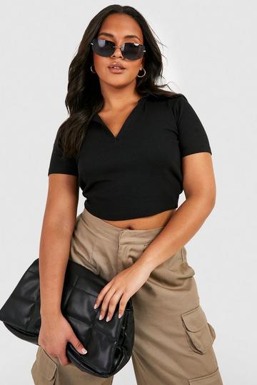 Black Plus Short Sleeve Cropped Polo Top