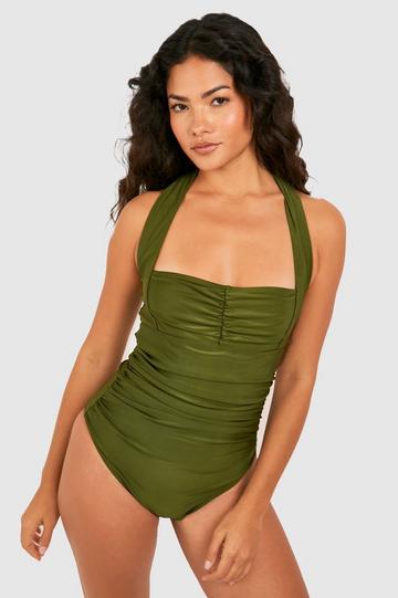 Tummy Control Halterneck Ruched Swimsuit olive