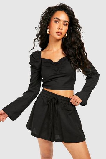 Black Puff Sleeve Ruched Crop Top