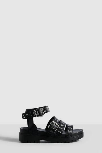 Chunky Platform Triple Strap Studded Flatform Sandals black