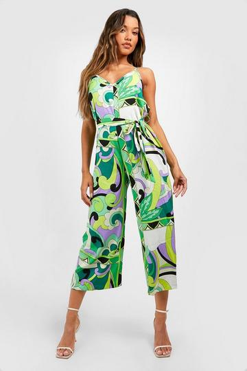 Printed Woven Strappy Culotte Jumpsuit green