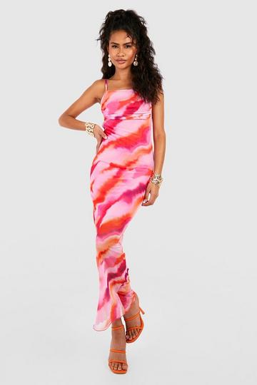 Abstract Print Mesh Maxi Slip Dress pink