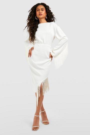 Cream White Asymmetric Fringe Midi Dress