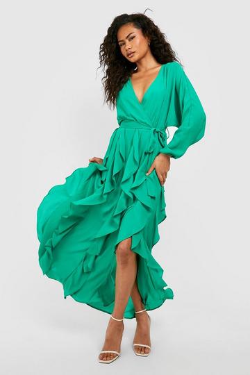 Green Ruffle Wrap Belted Maxi Dress