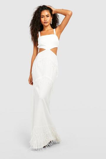 Square Neck Cut Out Tassel Maxi Dress ivory