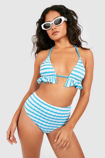 Turquoise Blue Textured Stripe Ruffle Padded Triangle Bikini Set