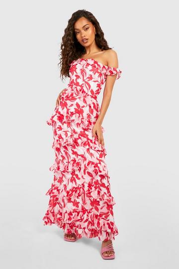 Floral Off The Shoulder Ruffle Maxi Dress pink