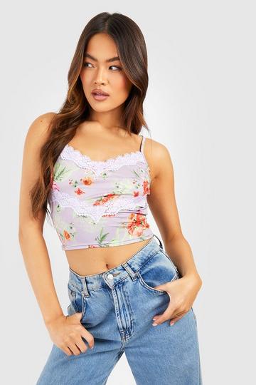 Floral Contrast Lace Trim Strappy Cropped Cami pink