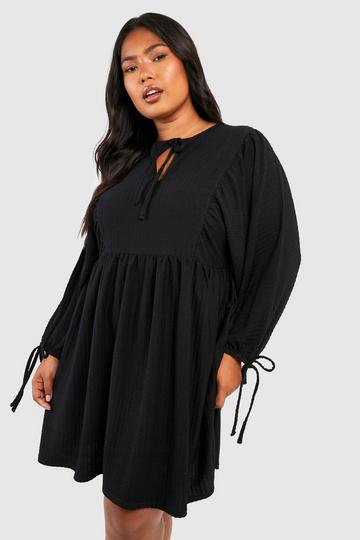 Black Plus Textured Blouse Sleeve Smock Dress