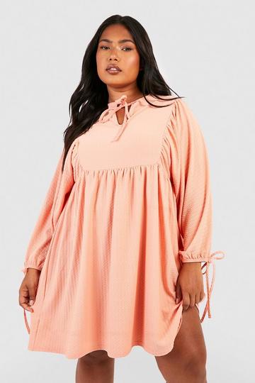 Coral Pink Plus Textured Blouse Sleeve Smock Dress