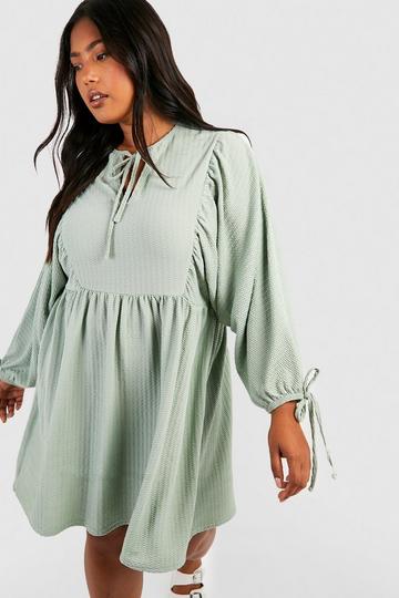 Sage Green Plus Textured Blouse Sleeve Smock Dress