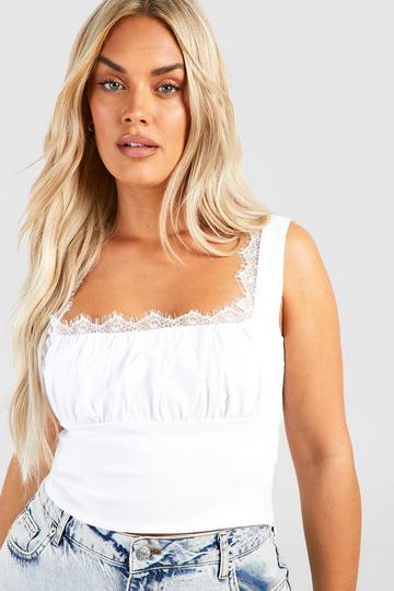 White Plus Lace Trim Ruched Bust Corset Top