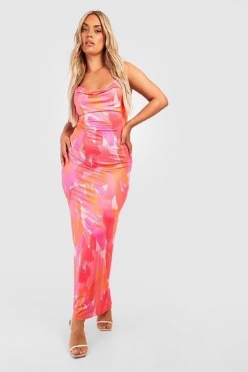Plus Large Abstract Slinky Maxi Dress pink