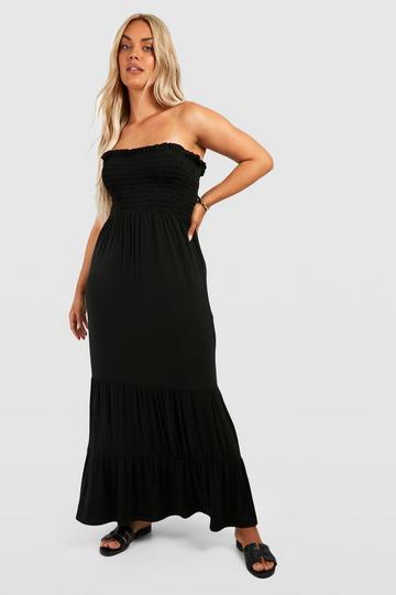 Black Plus Shirred Bandeau Tiered Maxi Dress