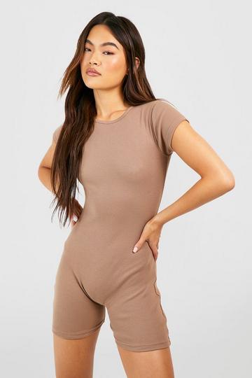 Ribbed Open Back Unitard Playsuit chocolate