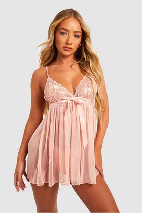 Women's Embroidered Lace Underwire Babydoll & Thong Lingerie Set