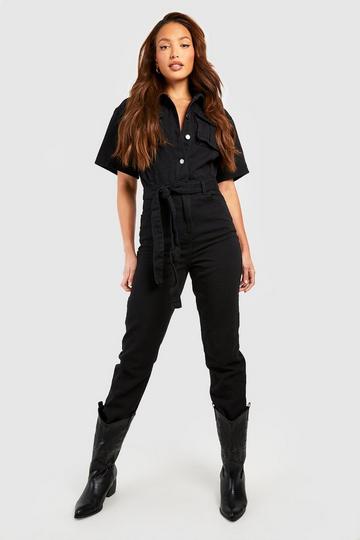 Tall - Combinaison cargo en jean à ceinture black