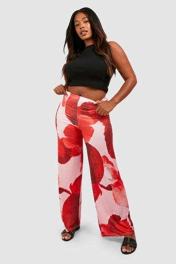 Plus Floral Abstract Printed Slinky Wide Leg Trousers pink